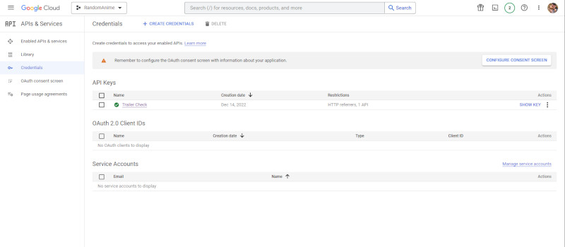 Google Cloud API Services Credentials Page